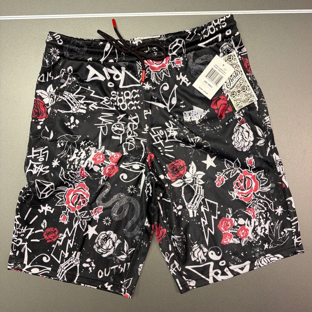 Fresh Prints Of Bel-Air Board Shorts Mens Small Black Skull Rose Graphic NWT!!